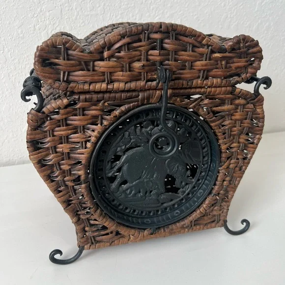 Vintage Wicker Chest Wrought Iron Frame‎ & HandlesElephant Mom and Baby Decor